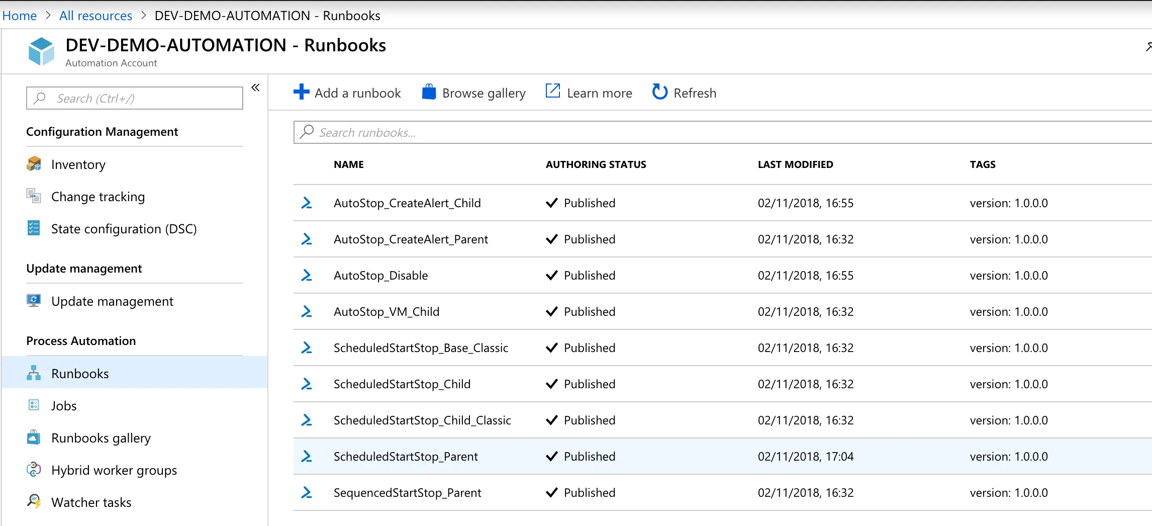 Azure Portal Runbooks Screenshot